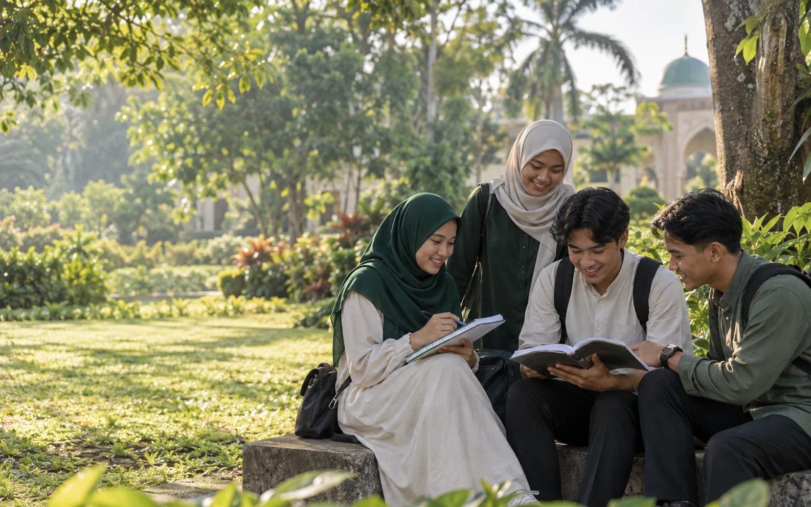 Filipino Muslim students studying together in a green campus garden